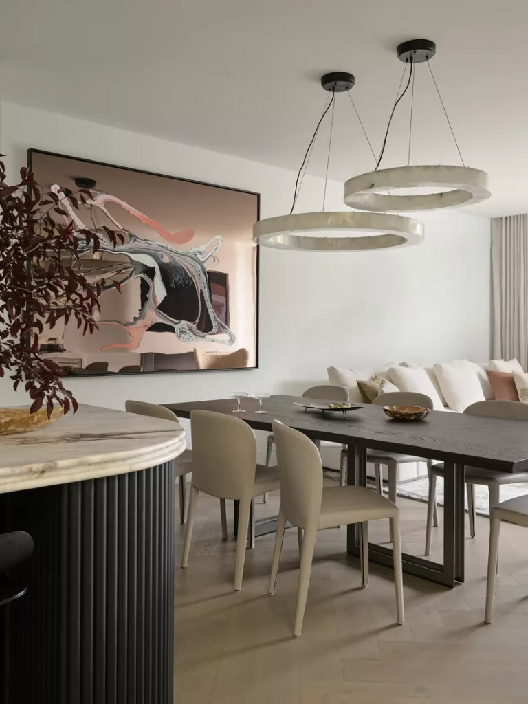 Interior of First Blush showcasing a luxury fashion-inspired spacious dining and living room.
