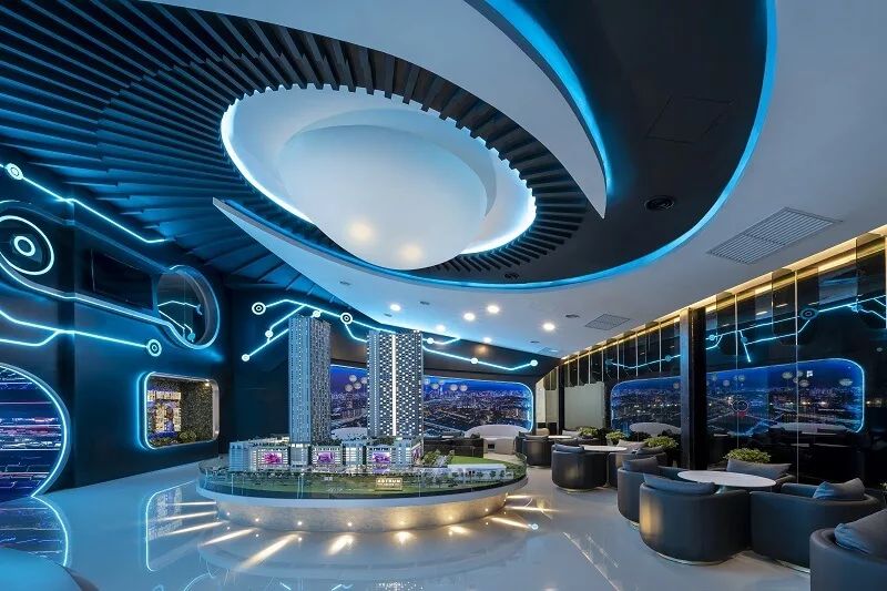 Inside the Futuristic Galaxy Walk, showcasing custom ceilings and walls with advanced design elements