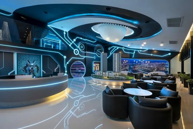 Overview of the main hall inside the Futuristic Galaxy Walk, highlighting the central design elements.