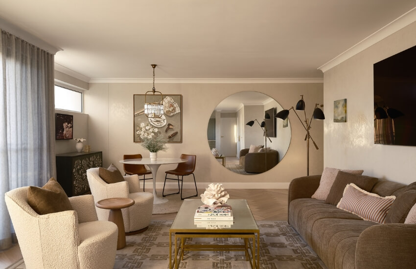 Light-filled living room with Shaker-style joinery and Venetian stucco walls