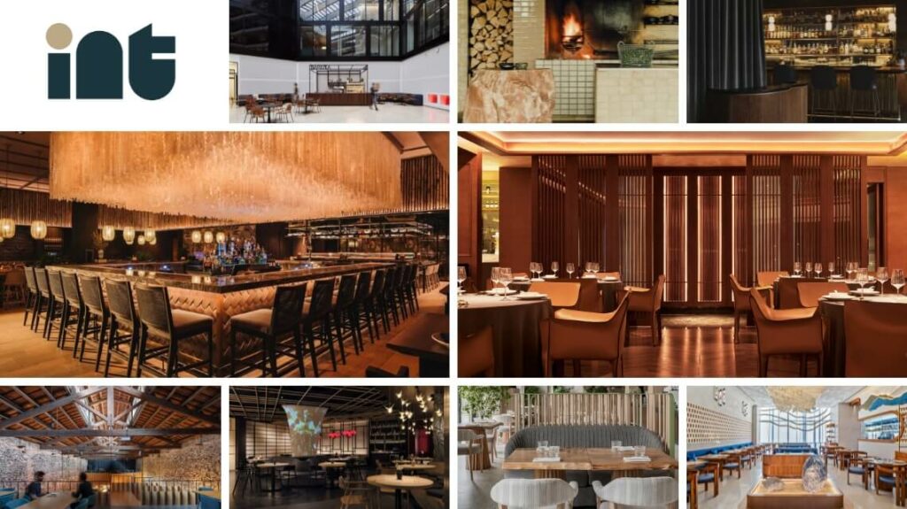 Award-winning restaurant designs: A collage featuring 9 stunning restaurant projects with modern, industrial, minimalist, and nature-inspired interiors.