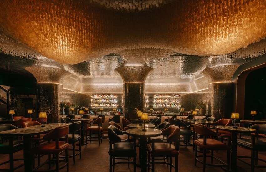 Obica Restaurant dining hall featuring a chandelier made of 78,000 mother-of-pearl shells