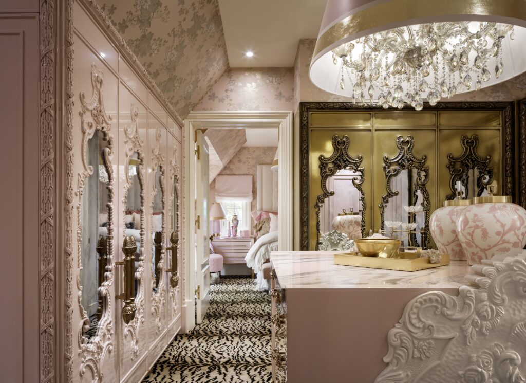 Regal Seduction French style interior with decorative moldings and chandeliers