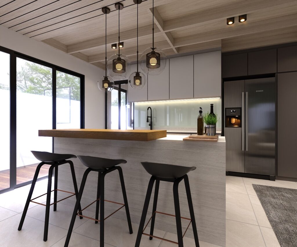 Modern kitchen interior with timber and marble finishes