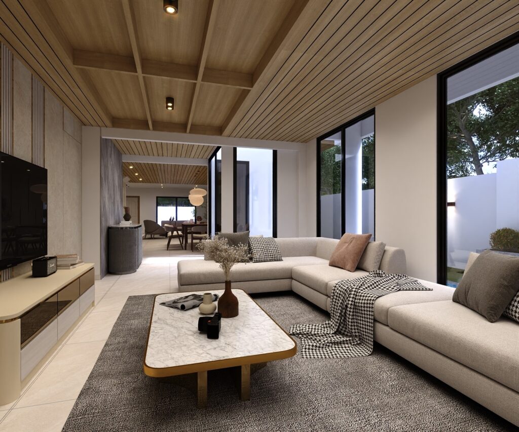 Modern dining area with timber flooring and natural light