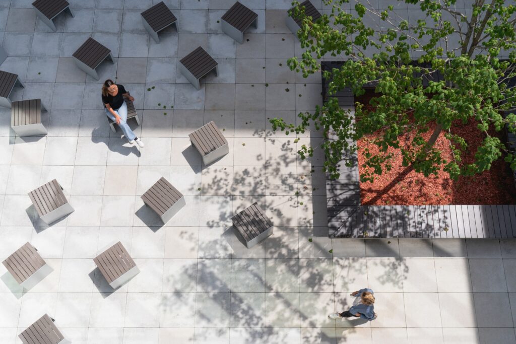 School interior corridor with natural materials and open design