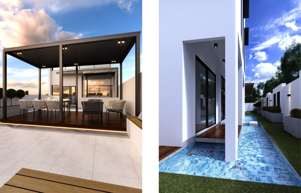 Wood, marble, and glass are layered to create depth and visual harmony throughout the home.