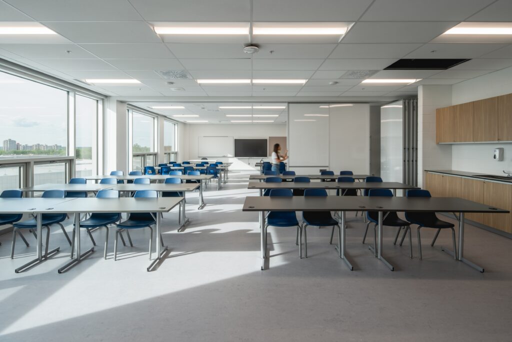 Classroom interior with natural daylight and biophilic design
